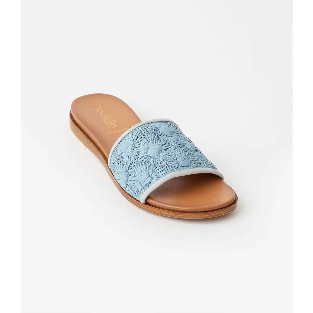NEW SEYCHELLES women's dakota flower raffia slides in blue